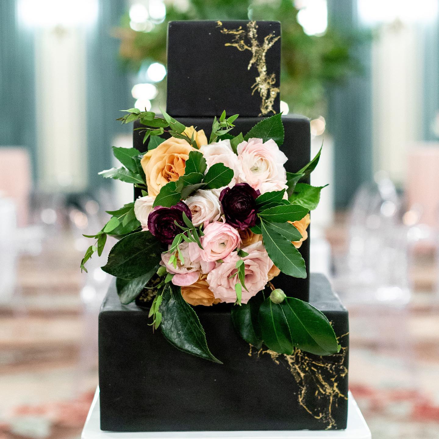 Black Square Wedding Cake with flowers by Passion for Cakes Vancouver Island