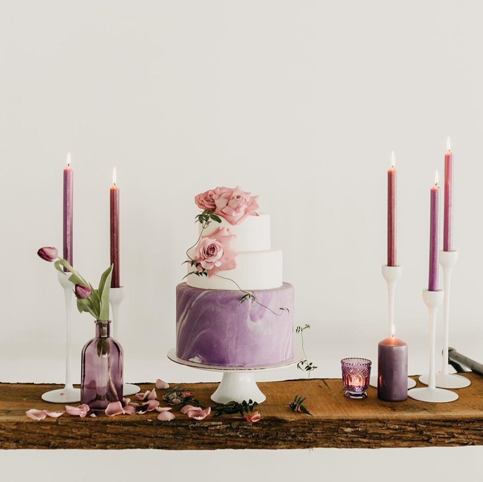 Purple and White Wedding Cake with Roses by Schur to Please Boutique Cakery