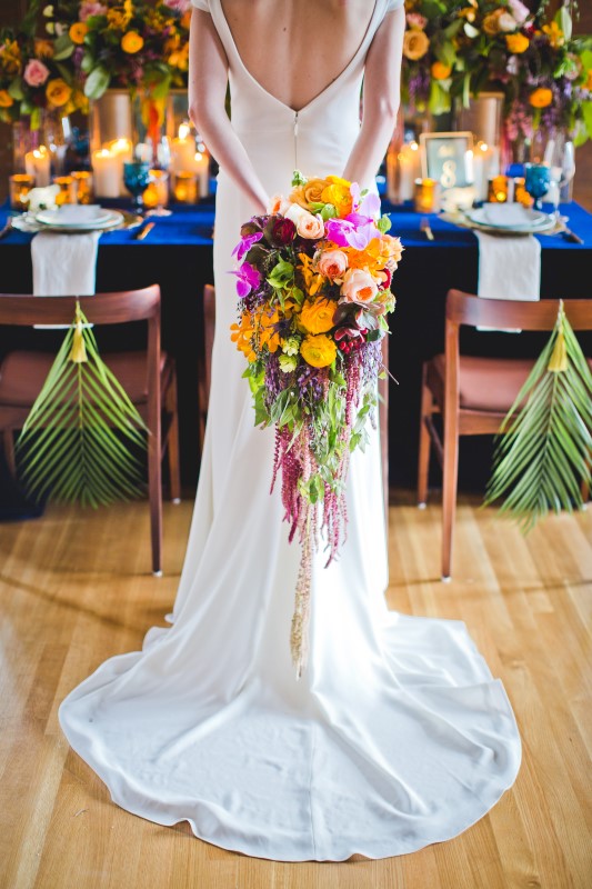 Bride with Bold and Colourful Bouquet by Platinum Floral Designs