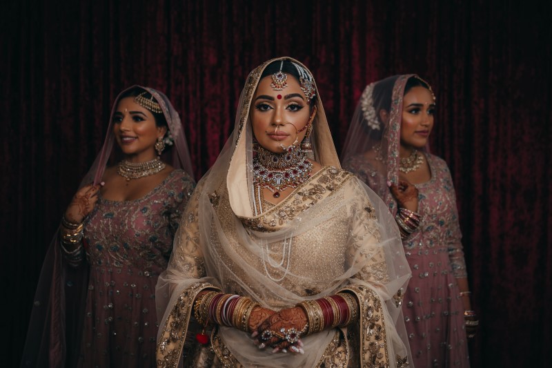 Flawless Bridal Fusion Indian Bride and Bridesmaids in Blush Sarees in Vancouver