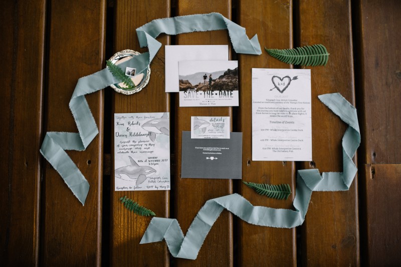 Seaside Romance Wedding Paper Suite with smoky blue ribbon on Vancouver Island