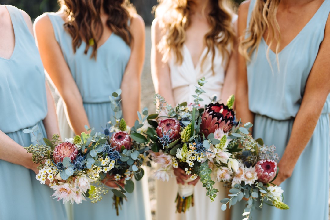 Smokey Blue, Burgundy and Cream Wedding Bouquets by Thrifty Foods