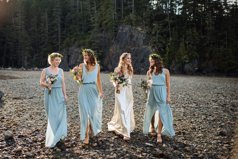 Bridesmaids in Pale Blue Gowns Carry Thrifty Foods Bouquets on Vancouver Island Beach