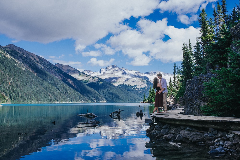 Spectacular snow peaked mountains behind engaged couple