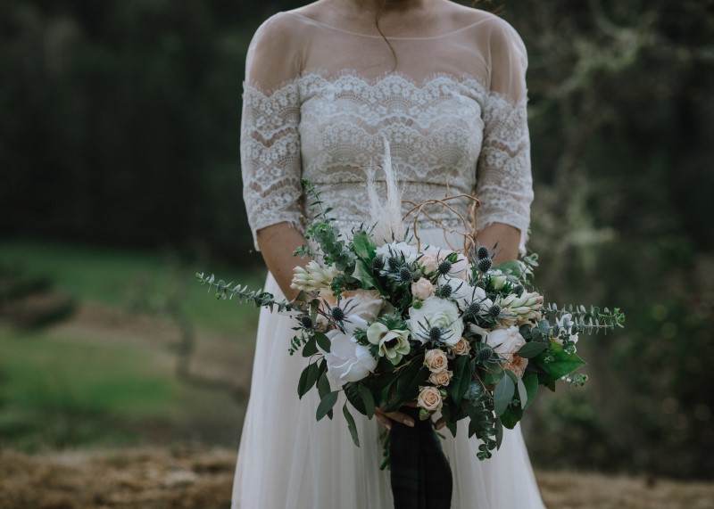 Scottish Spirit bride off the shoulder lace gown by Bliss Gowns Nanaimo and bouquet by Bespoke Blossoms 