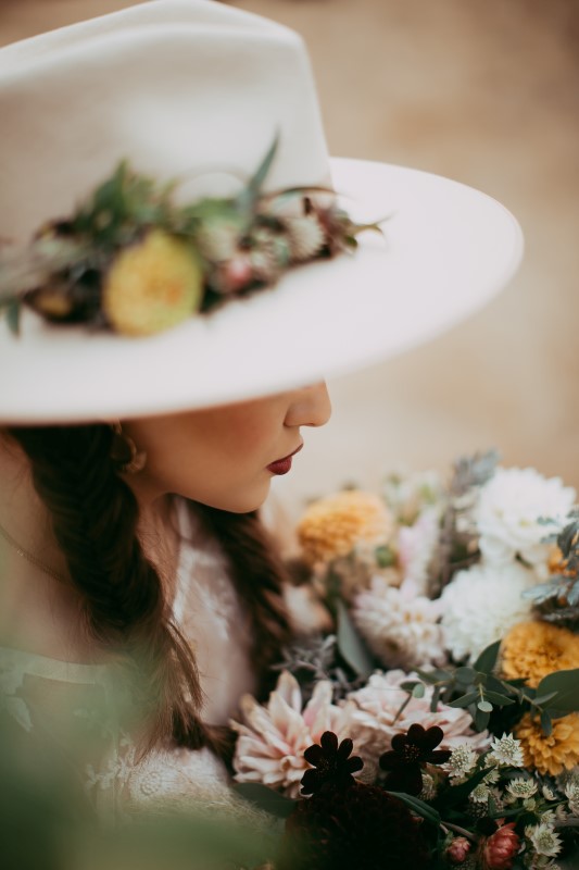 Stylish Southwest Brides Hat With Flowers on Vancouver Island