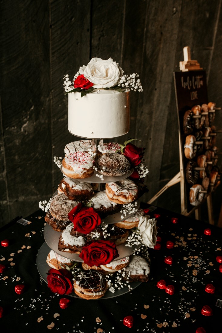 Burgundy and White Donut Cake with Cake Top by West Coast Cake Company Tofino