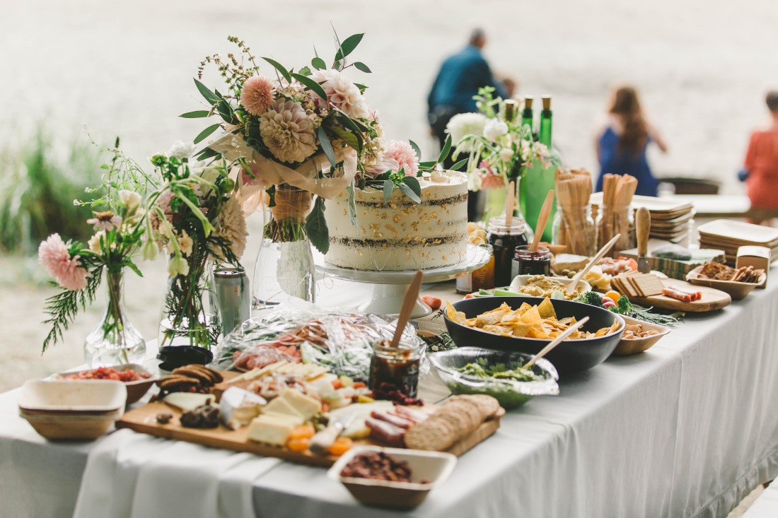 Ocean Wedding Reception Table with Wedding Cake in Tofino