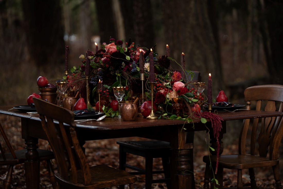 Wedding Reception Table in the Woods with Autumn colors and pomegranate pears and grapes by Deborah Lee Designs Vancouver