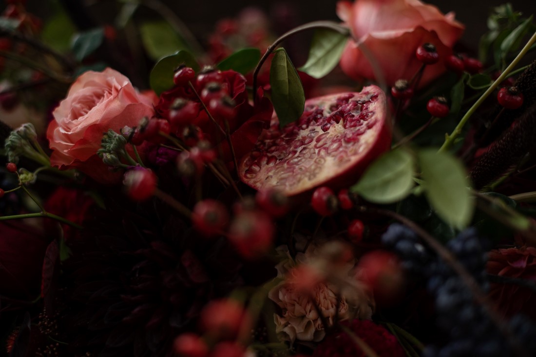 Pomegranate and Grapes in Wedding Reception Floral by Deborah Lee Designs Vancouver