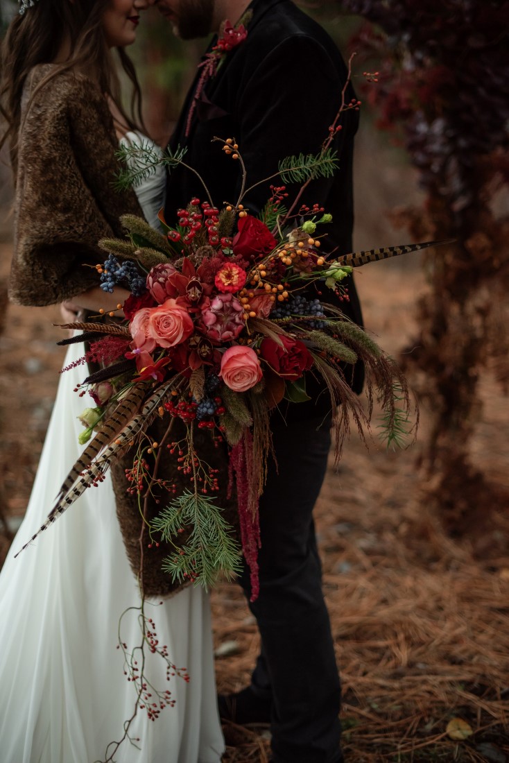 Bridal Bouquet of deep pink roses and burgandy protea by Deborah Lee Designs Vancouver 