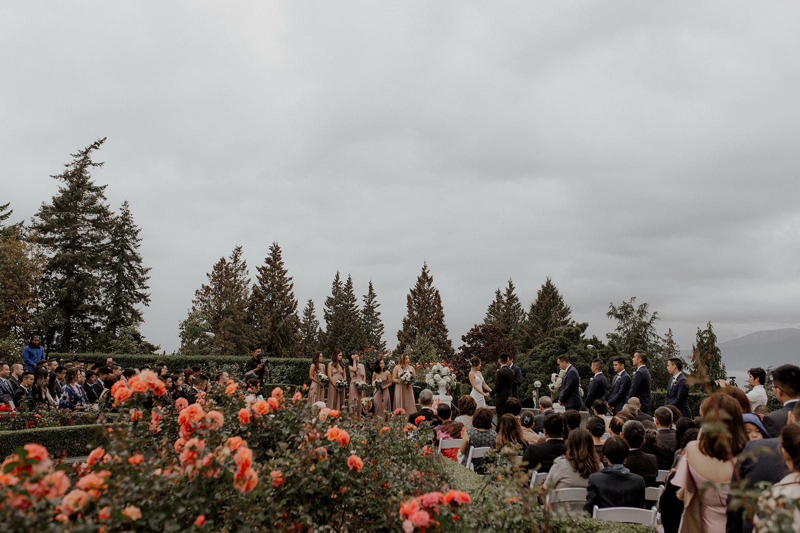 UBC Rose Garden blooms with wedding ceremony in background