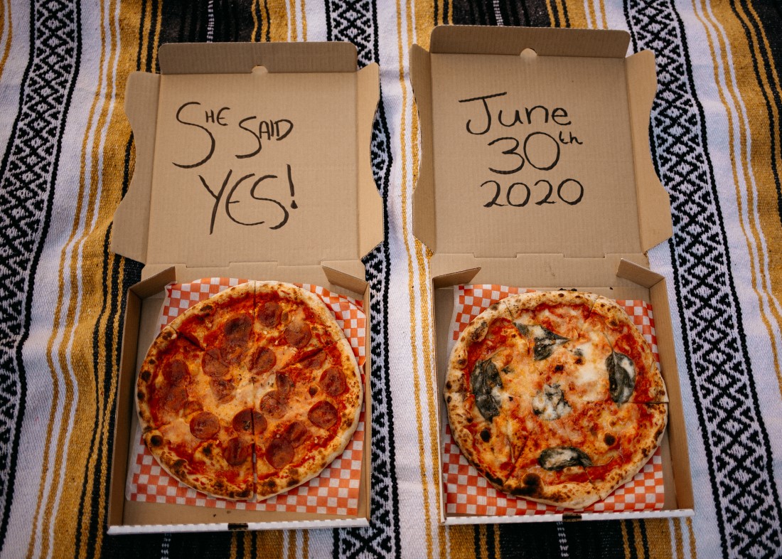 Engagement Announcement on Pizza boxes by Evergrey Photography 