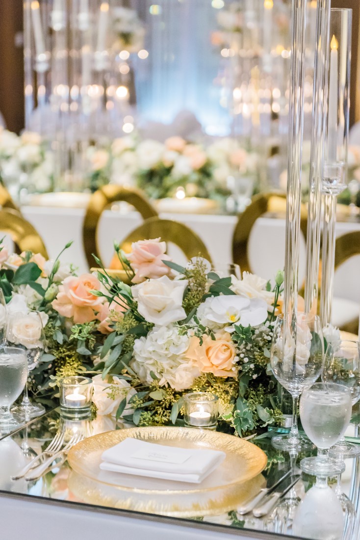 Vancouver Club Wedding Reception Table Decor white and peach floral design Fleur De Lis Events