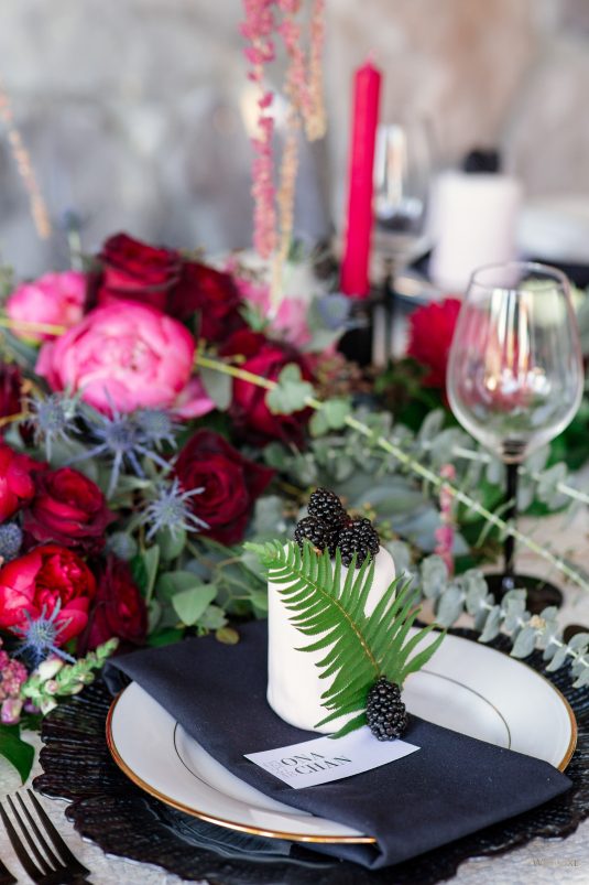 Individual Wedding Cake on Black Edged Plates with fern leaf by Thrifty Foods