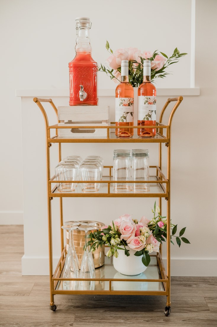 DIY Floral Crown Workshop Bridal Shower Wine Station with blush pink flowers