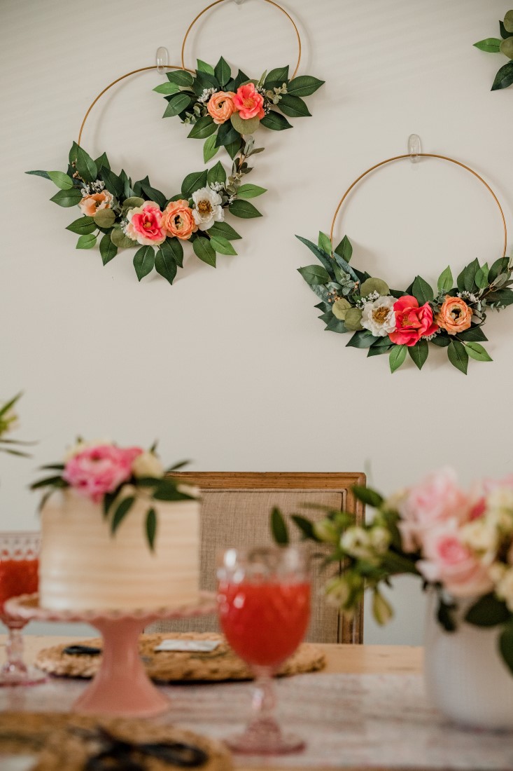 Flower Hoops, cake, champagne and flowers at bridal shower in Vancouver