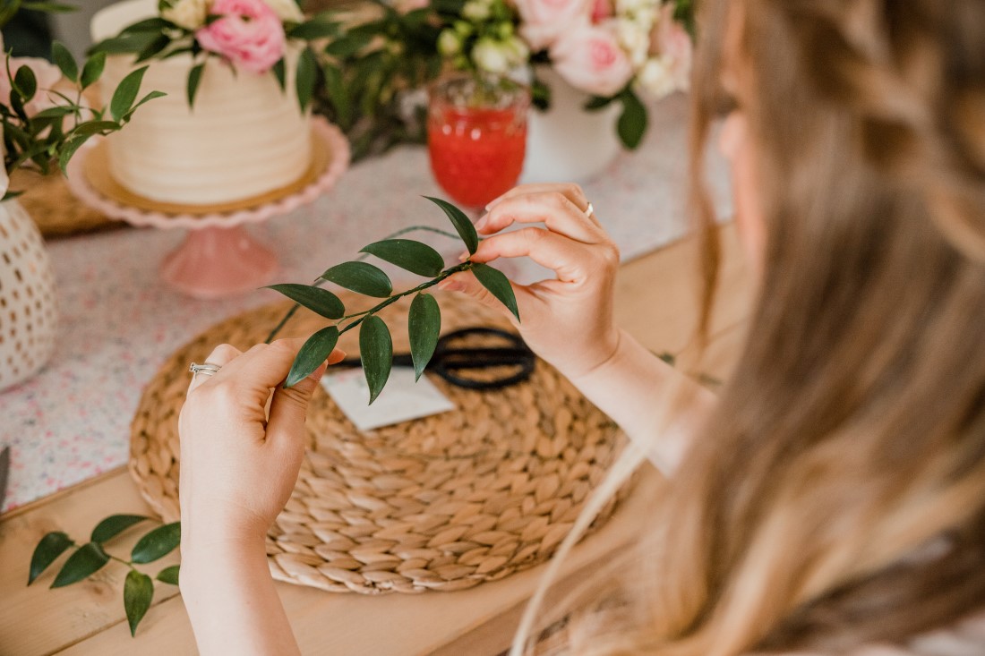 Bridal Shower guest makes floral crown by hand in Vancouver