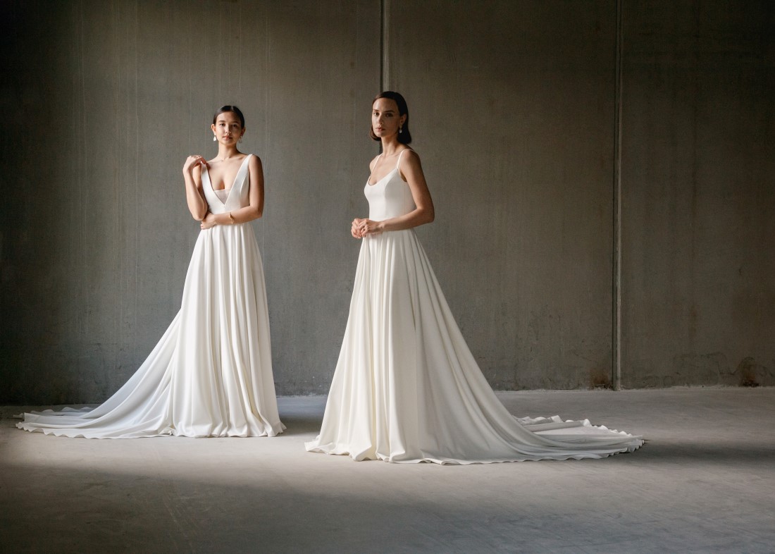 Aesling brides in minimalist gowns designed in Vancouver