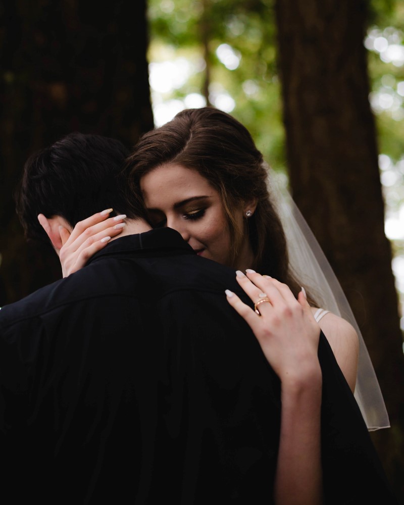 Bride and groom in forest on Vancouver Island