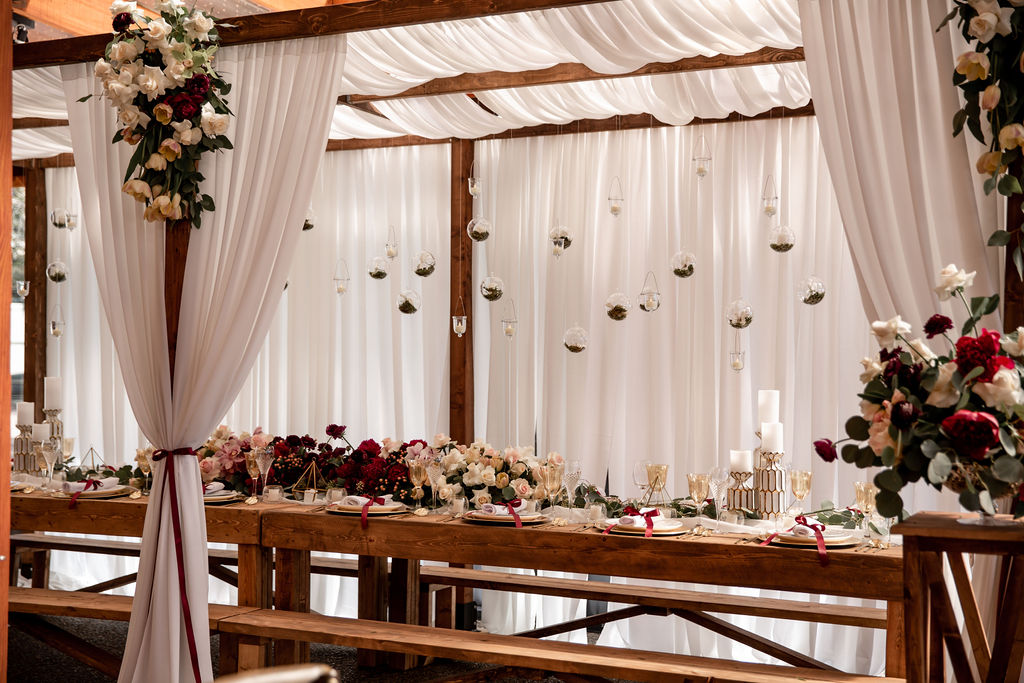 Trestle Table with sheer curtains and glass bubbles by Ellssi Designs Vancouver