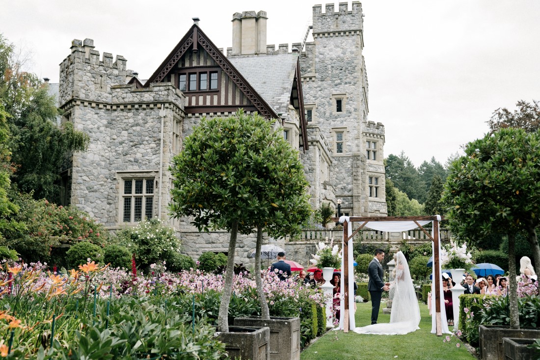 Hatley Castle Wedding Ceremony in the gardens on Vancouver Island