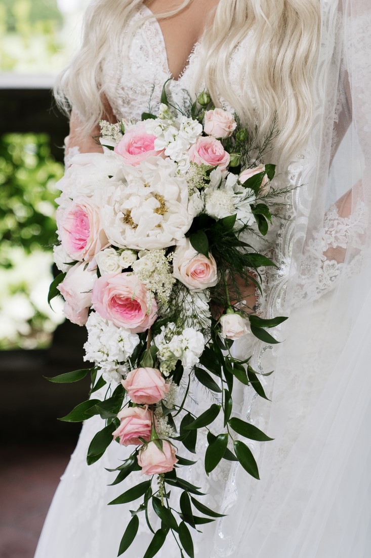 Blush pink and white rose bridal bouquet by Jennings Florist Vancouver Island