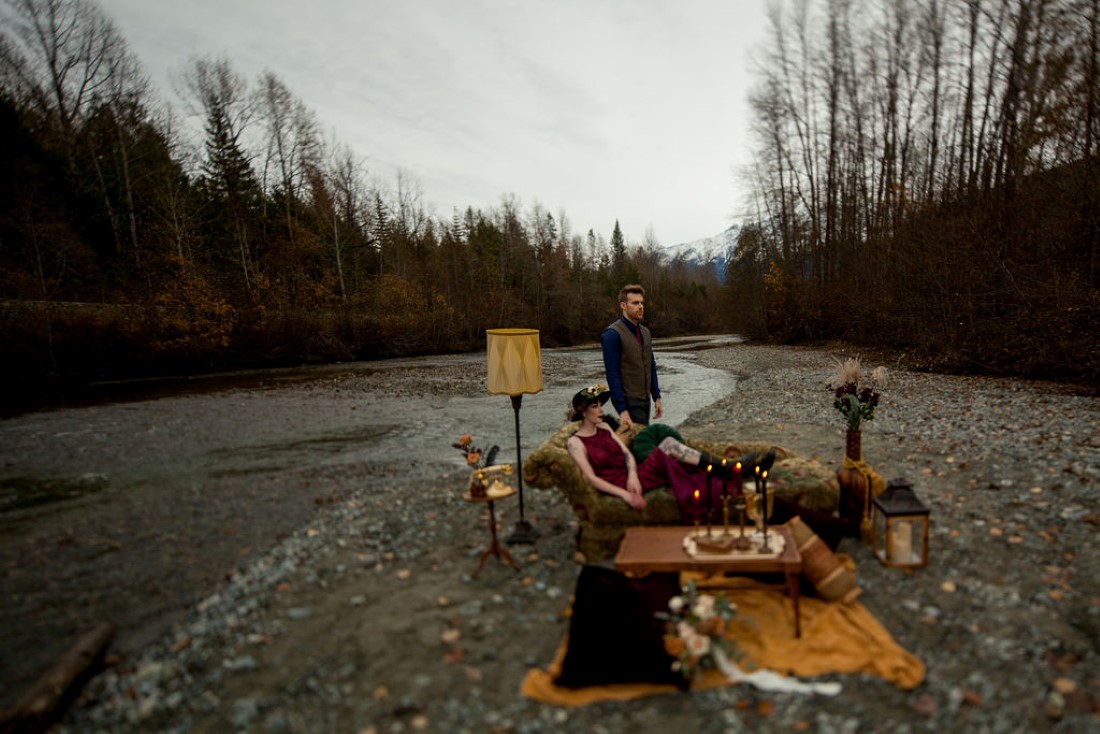 Road Trip Elopement couple in side of the road lounge tableau by Whisteria Rentals