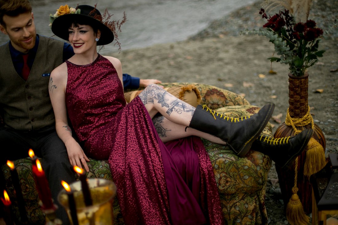 Bride wears burgundy gown and rubber boots for Whistler wedding