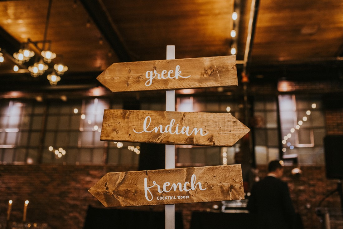 Reception venue sign with Greek, French and Indian food directions