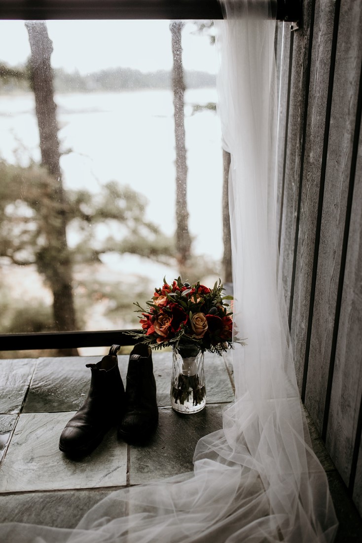 Tofino Vows wedding bouquet, boots and veil 