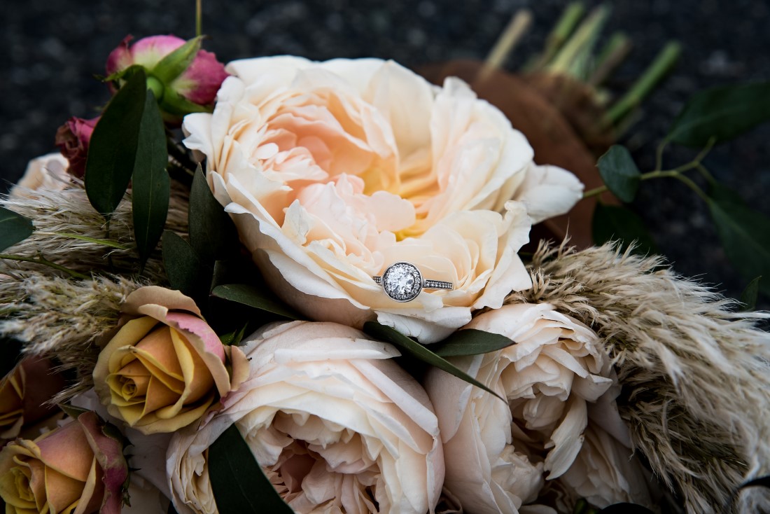 Bridal Bouquet of beige and gold roses with pampas grass