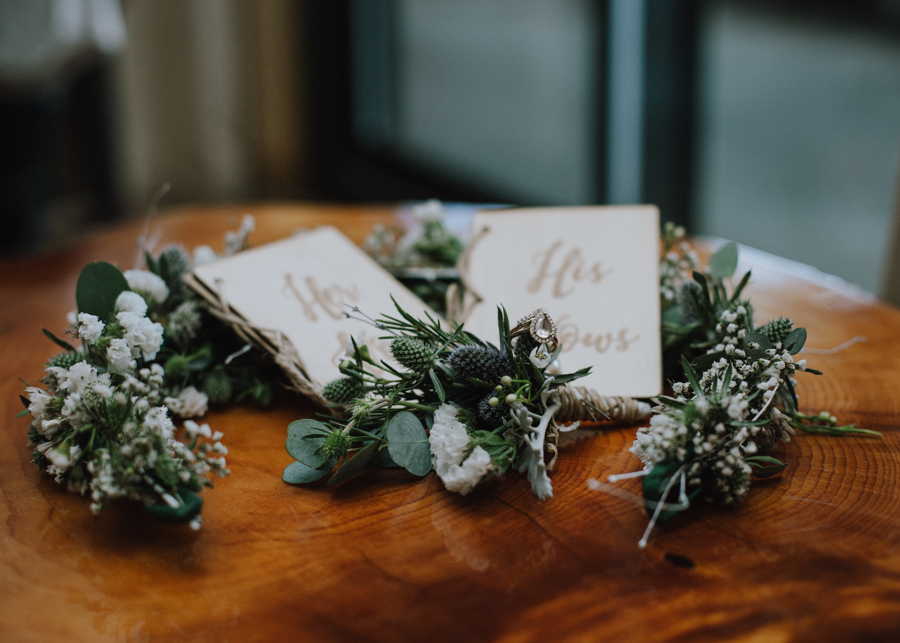 Flower wreath for bride sits on table by Campbell River Florists 