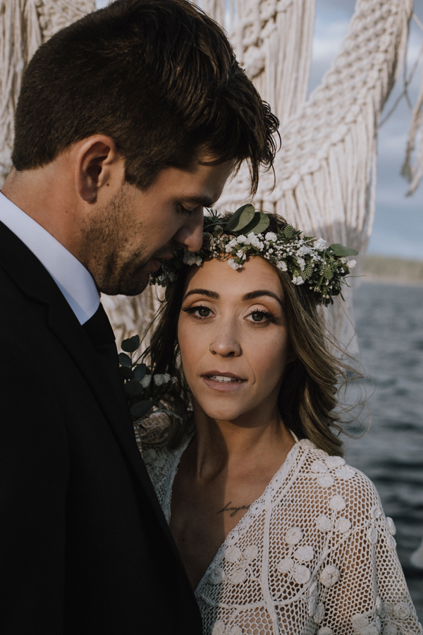 Bride wearing floral wreath and natural look by Kayla Rae Makeup Campbell River