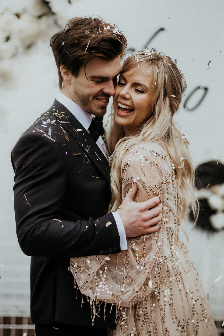 Romance & Champagne Kisses blush pink glitter gown and black tux and bow tie by Outlooks for Men 