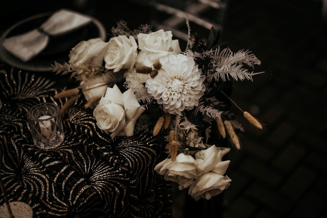 Table for Two with white roses and dahlias on black linens by En Vied Events Vancouver Island