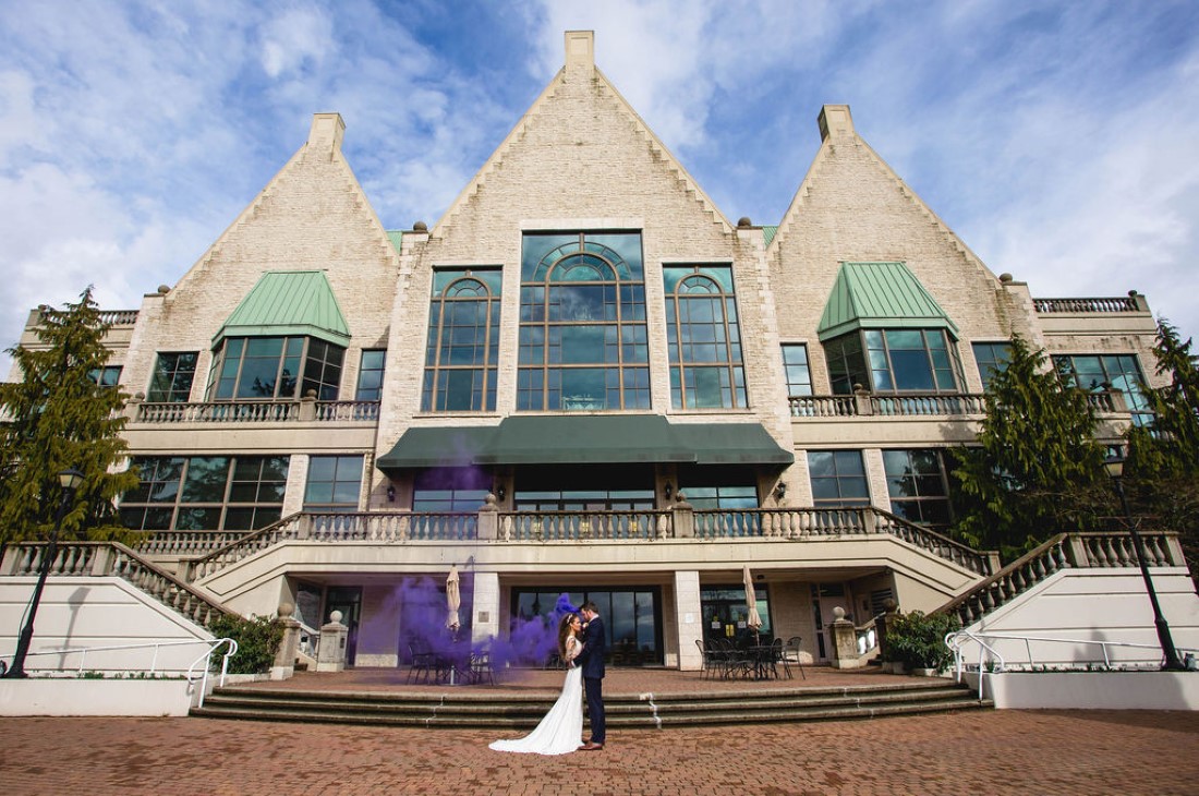 Newlyweds in front of Swaneset Vancouver by Katie Lauren PHotography