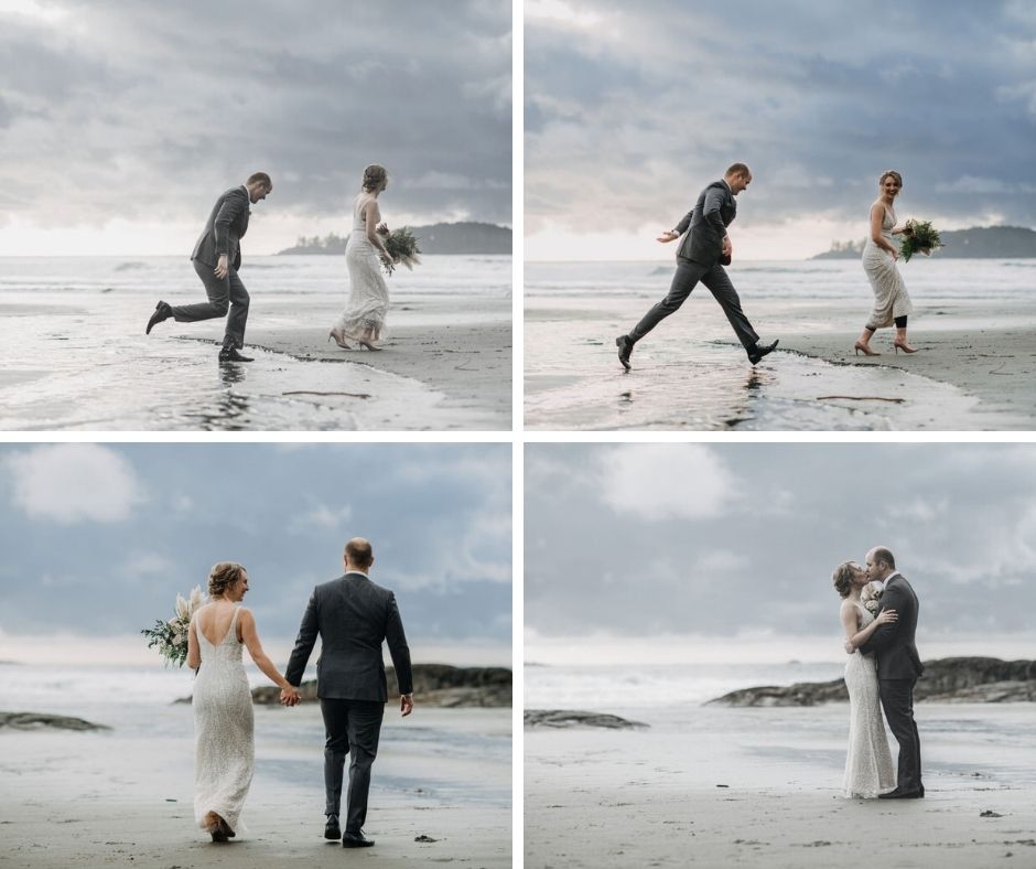 Tofino Beach Wedding newlyweds trip over the waves on Vancouver Island 