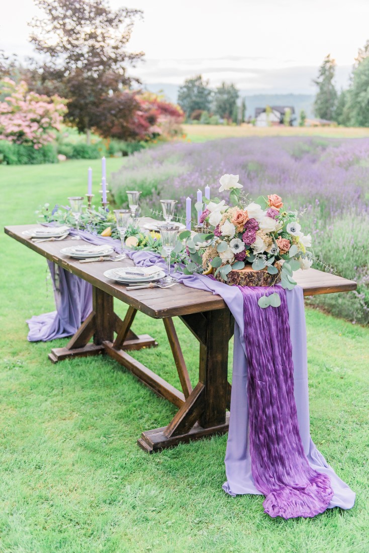 Wedding Lavender in bloom reception table in field by Vancouver