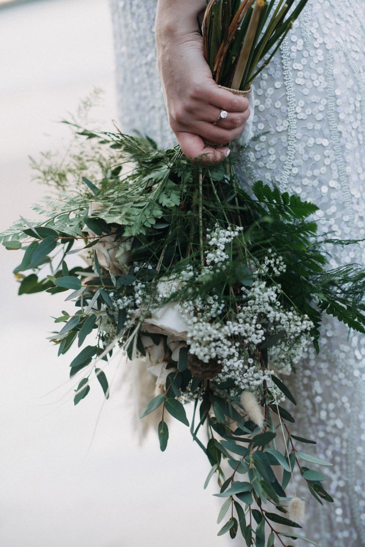 Roses, Anemones, Ferns and dried grass bridal bouquet by Crab Apple floral Tofino