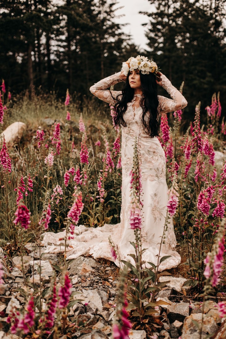 Foxgloves are Forever Island Moments Photography bride with arms at flower crown
