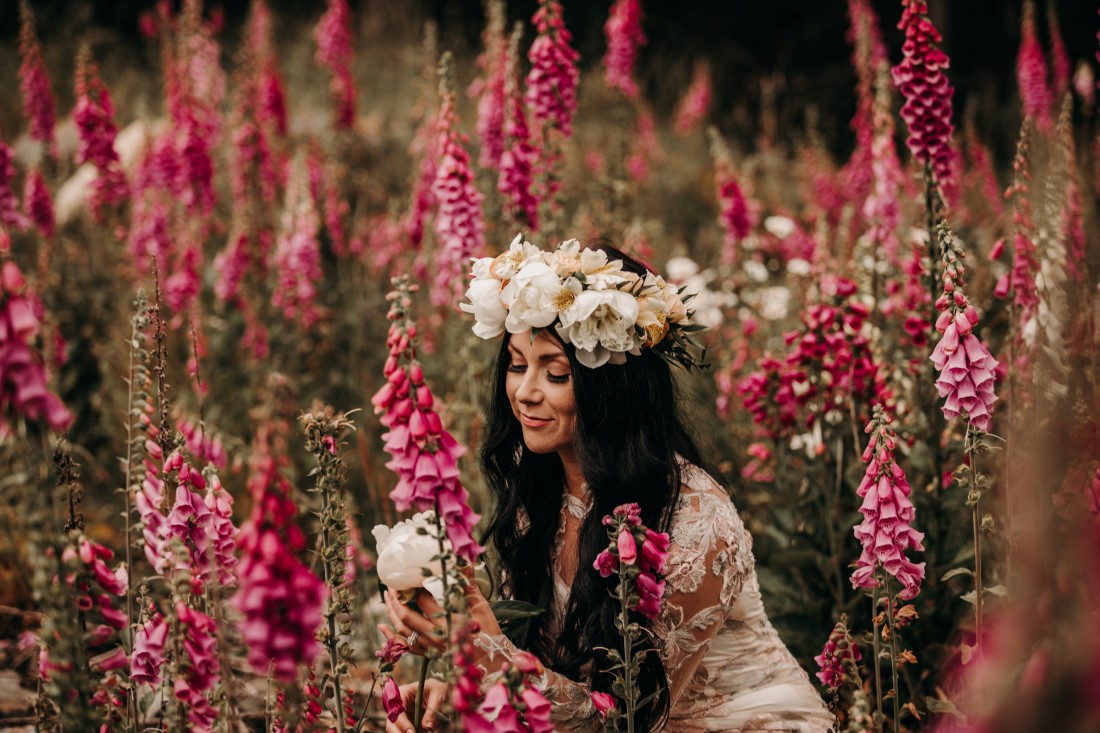 Foxgloves are Forever Island Moments Photography bride looking at peony