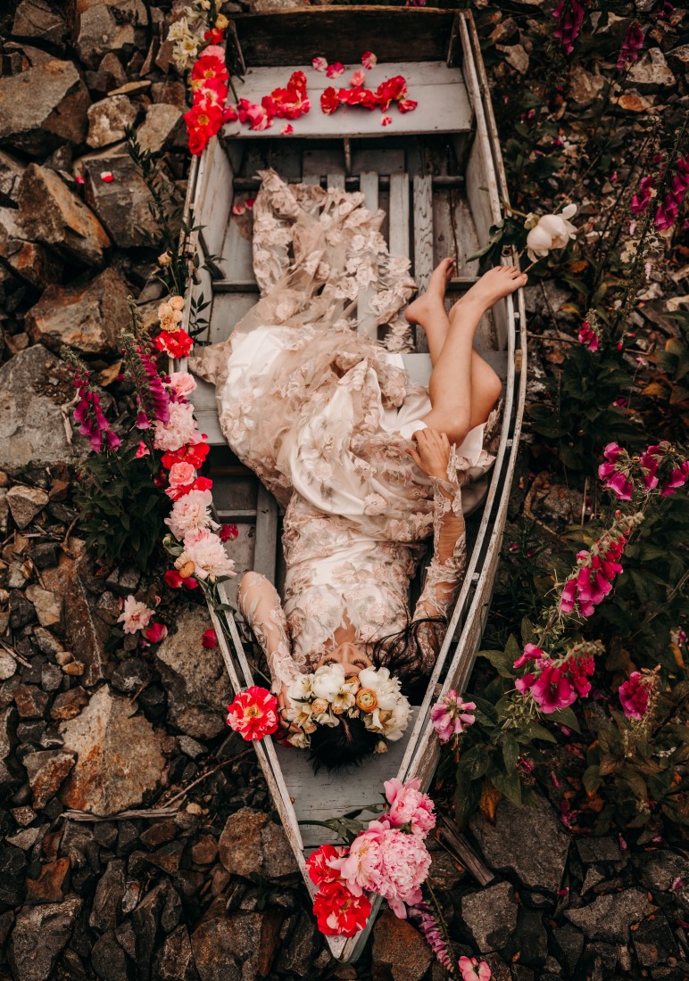 Foxgloves are Forever Island Moments Photography barelegged bride lays in boat