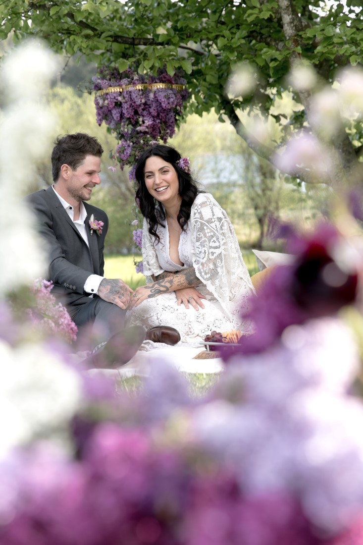 Purple Lilac Spring Wedding Hattie Root Photo couple sharing laugh