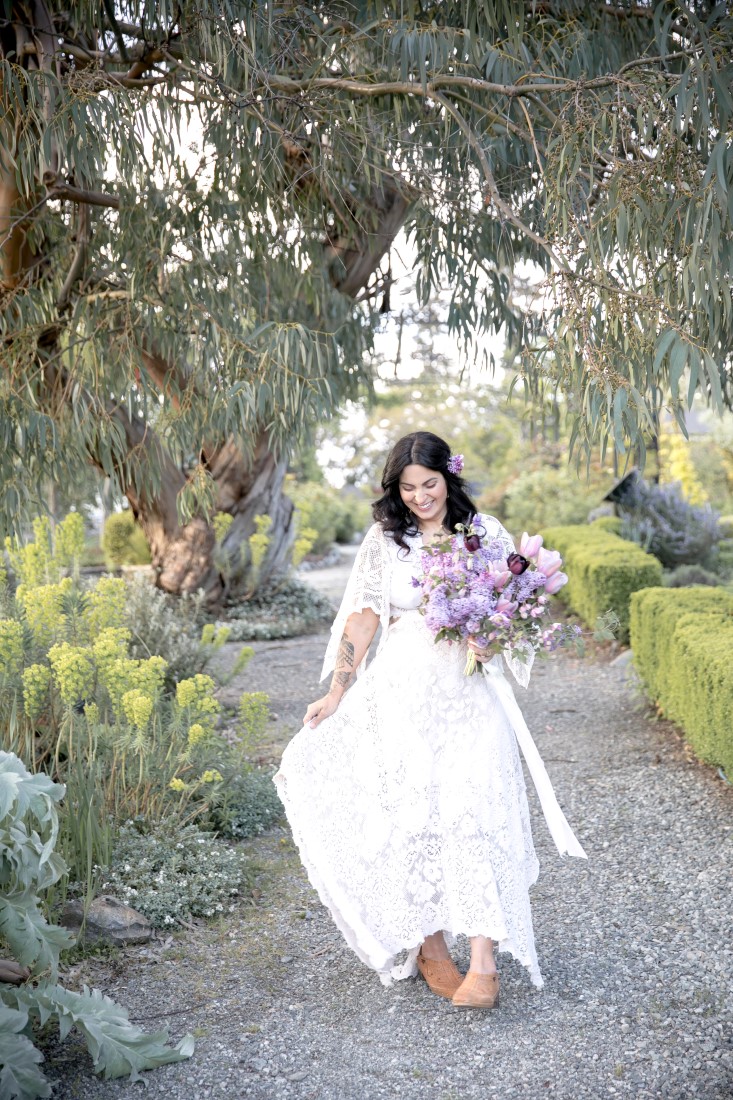 Purple Lilac Spring Wedding Hattie Root Photo bride walking in her gown