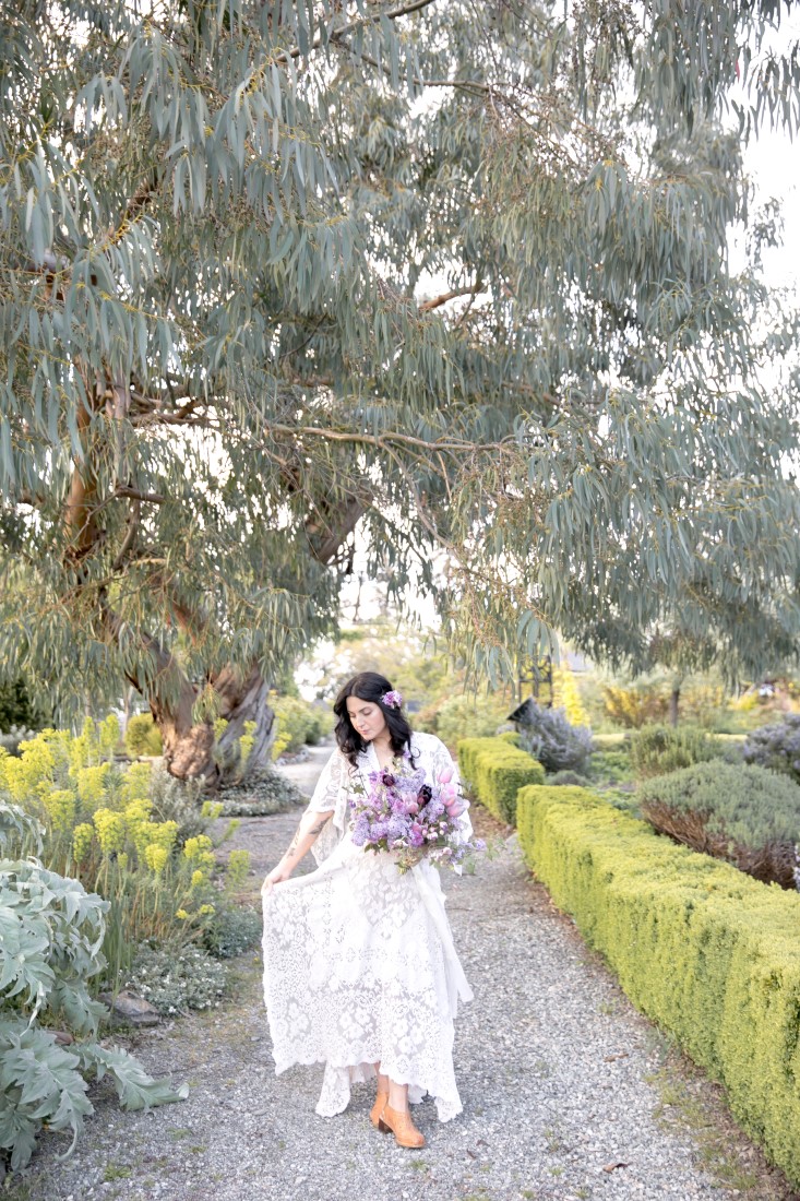 Purple Lilac Spring Wedding Hattie Root Photo bride showing wedding gown pattern