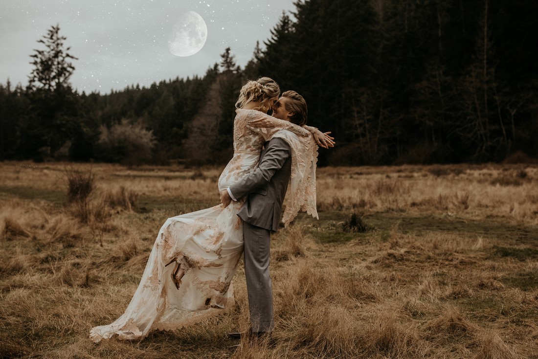 Romantic Cover for Vancouver Island Magazine Secret Waters Photography groom lifts bride who embraces her hands behind his neck