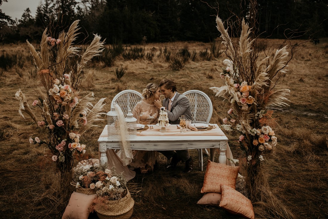 Romantic Cover for Vancouver Island Magazine Secret Waters Photography bohemian sweetheart table with wedding cake