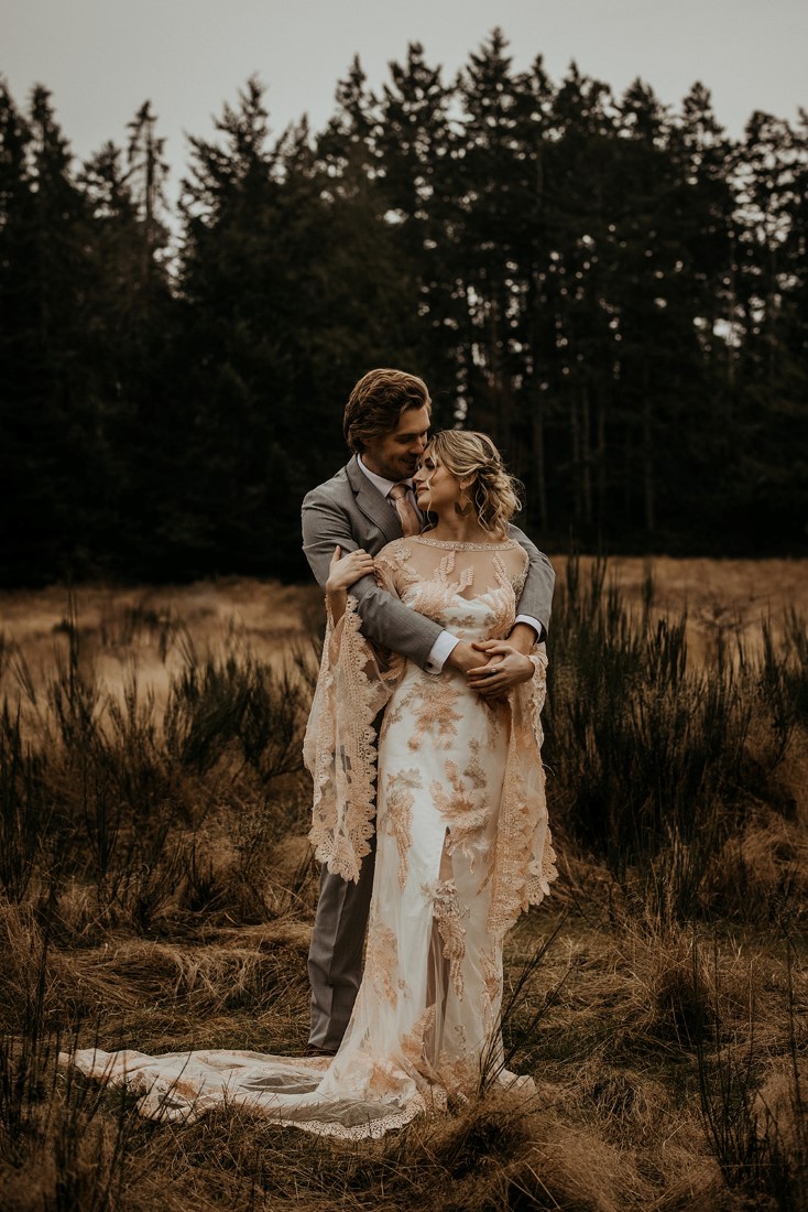 Romantic Cover for Vancouver Island Magazine Secret Waters Photography groom embraces bride from behind