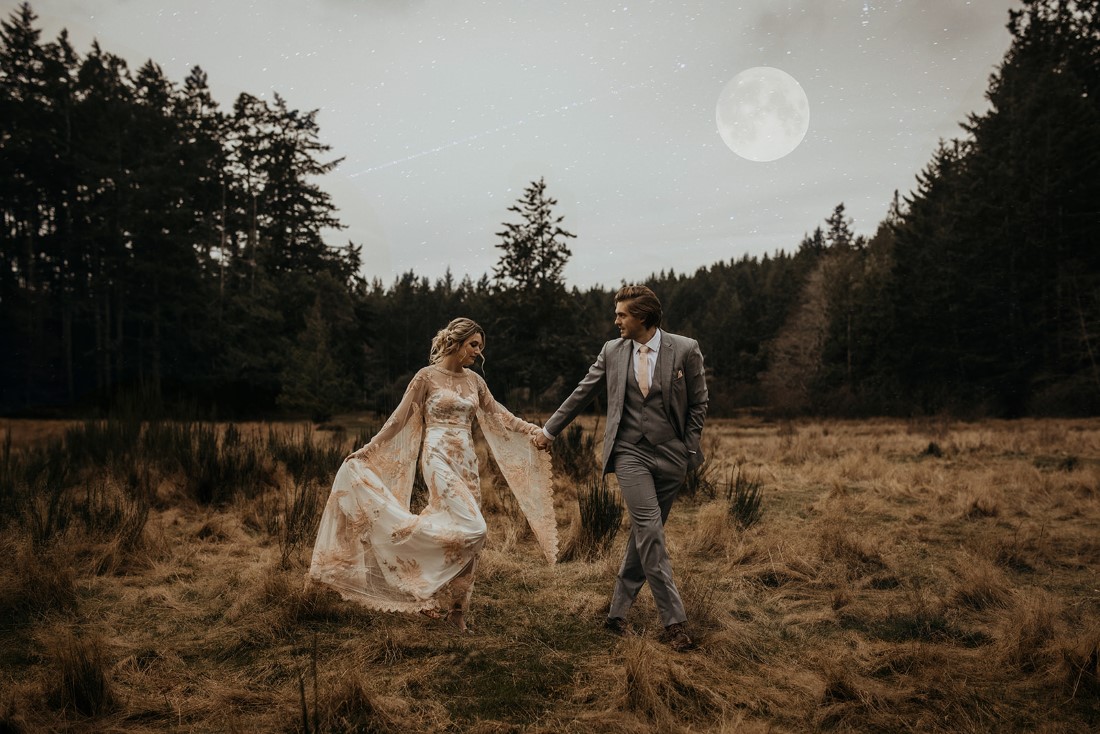 Romantic Cover for Vancouver Island Magazine Secret Waters Photography couple walk through grassy field